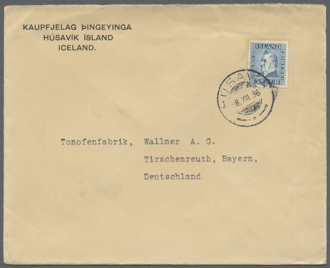 Br Island: 1936 (8.12.), Jochumsson 35a. Blue Single Use On Commercial Cover From HUSAVIK To Germany, Attractive - Other & Unclassified