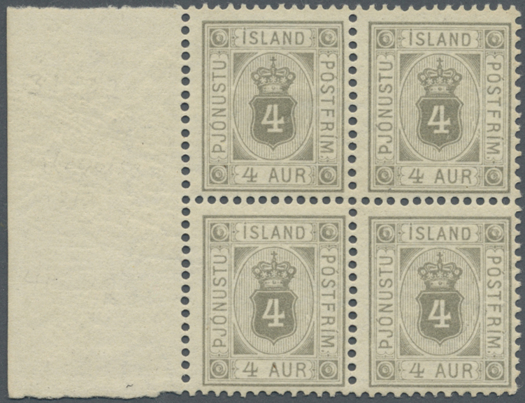 ** Island - Dienstmarken: 1900, 4a. Grey, Marginal Block Of Four, Bright Colour, Well Perforated, Unmounted Mint, - Servizio