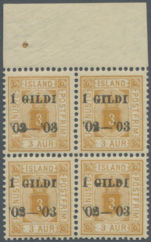 ** Island - Dienstmarken: 1902, Gildi Overprints, 3a. BROWNISH ORANGE (BRUNAKT ORANGE), Top Marginal Block Of Fou - Service