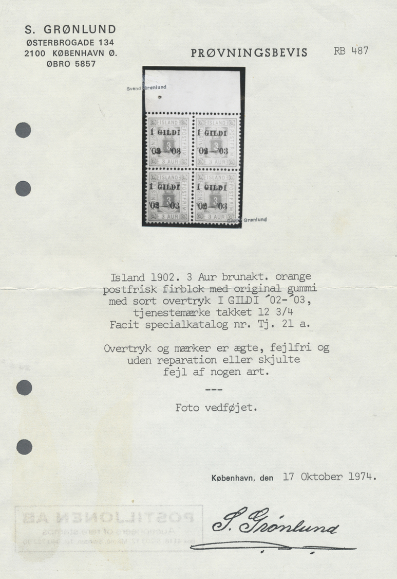 ** Island - Dienstmarken: 1902, Gildi Overprints, 3a. BROWNISH ORANGE (BRUNAKT ORANGE), Top Marginal Block Of Fou - Officials