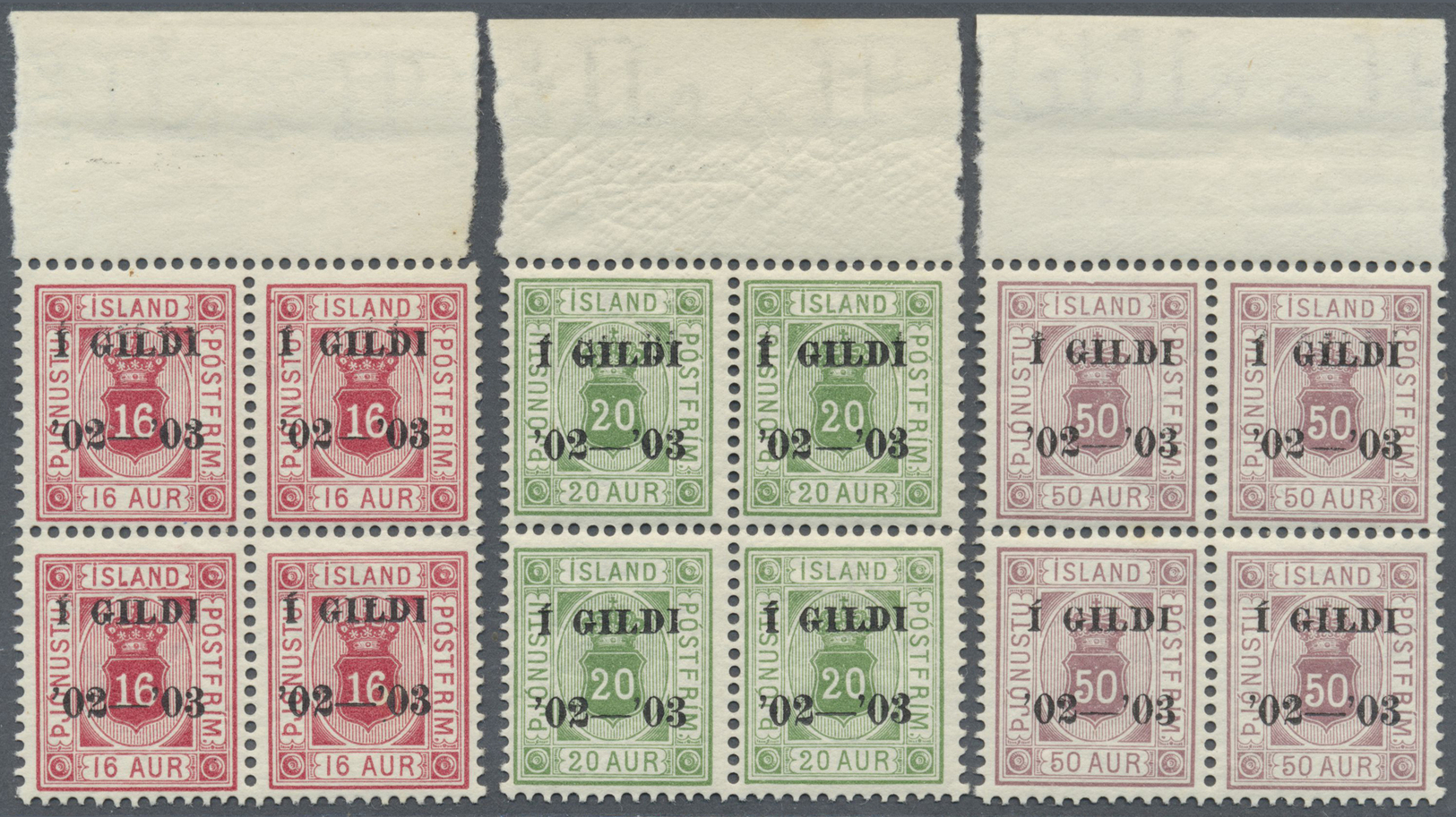 ** Island - Dienstmarken: 1904, Berne Printing, 3a. To 50a., Complete Set As Top Marginal Blocks Of Four, Perf. 1 - Officials