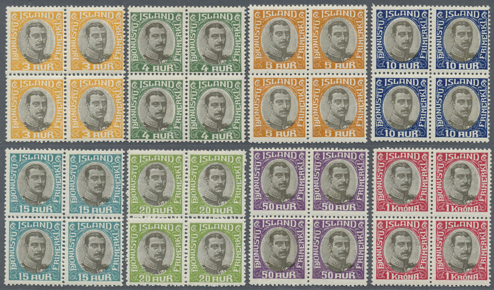 ** Island - Dienstmarken: 1920/1930, Christian, 3a. To 5kr., Set Of Ten Values As Blocks Of Four, Unmounted Mint - Service