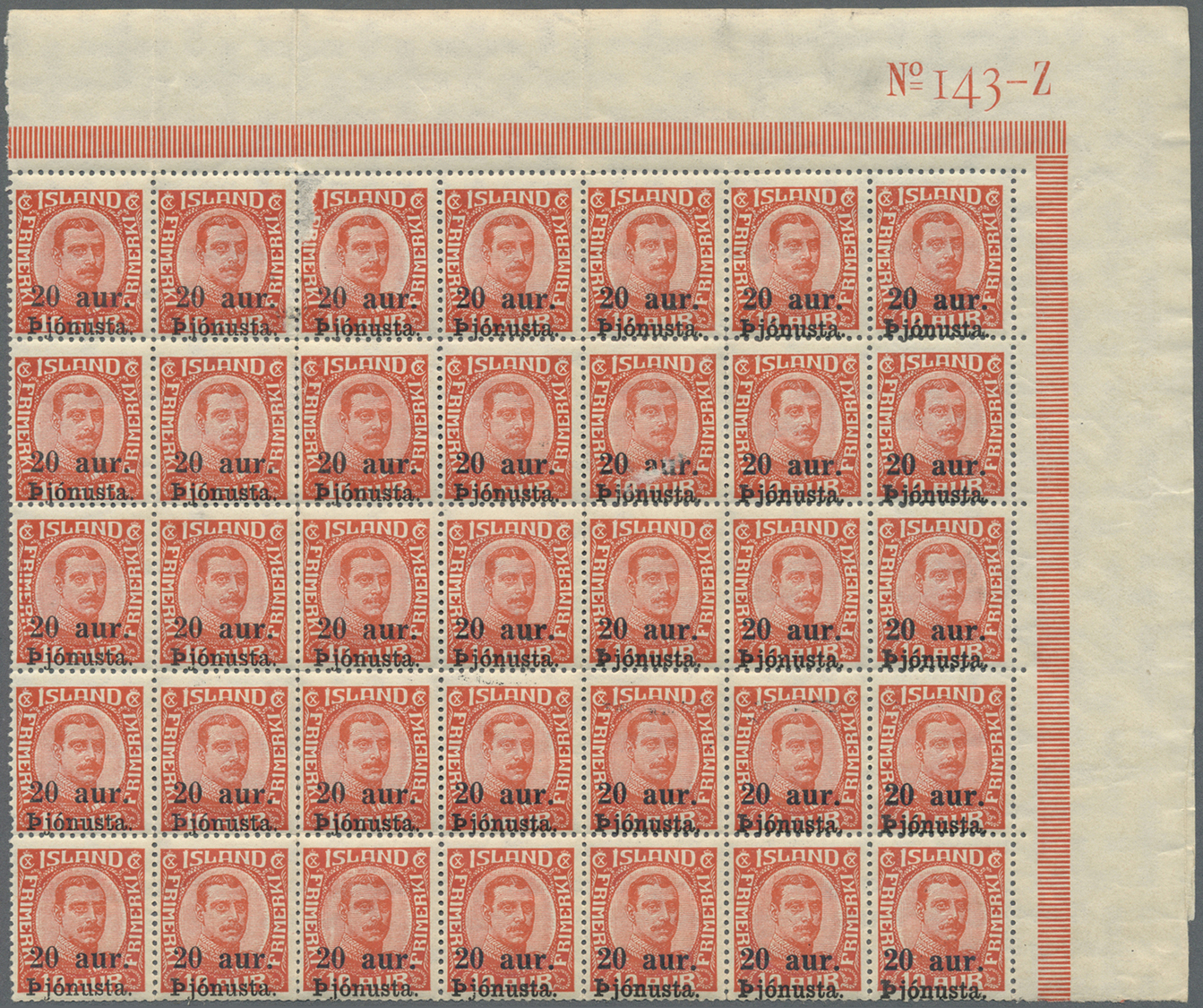 **/* Island - Dienstmarken: 1922:  Iceland 1920 10 Aur Definitive Overprinted In 1922 ‘20 Aur Pjonusta’. Marginal C - Service