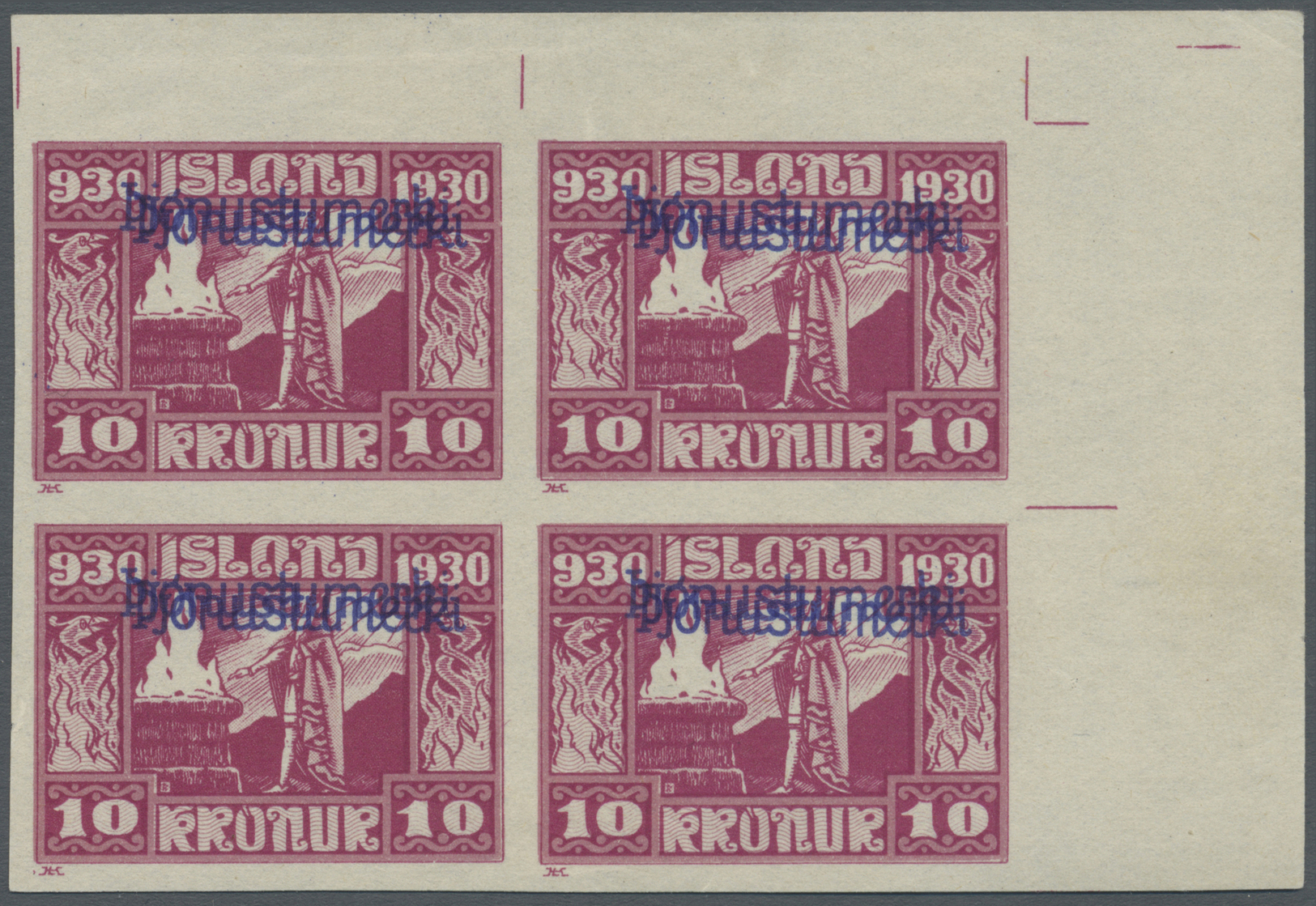 */** Island - Dienstmarken: 1930, 10 Kr. Allthing With DOUBLE Overprint And IMPERFORATED In Upper Right Corner Bloc - Officials