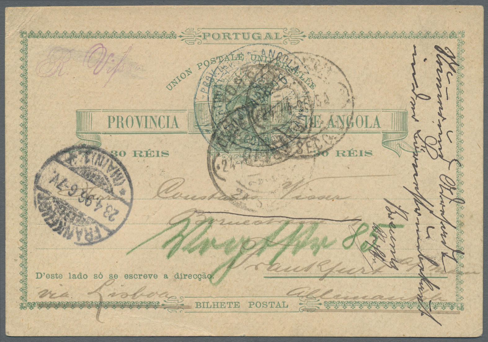 GA Angola: 1896, Stat. Postcard 30r. Green Written 'Cayo, 25/3/96' Commercially Used Via Lisbon To Frankfurt/Main With A - Angola