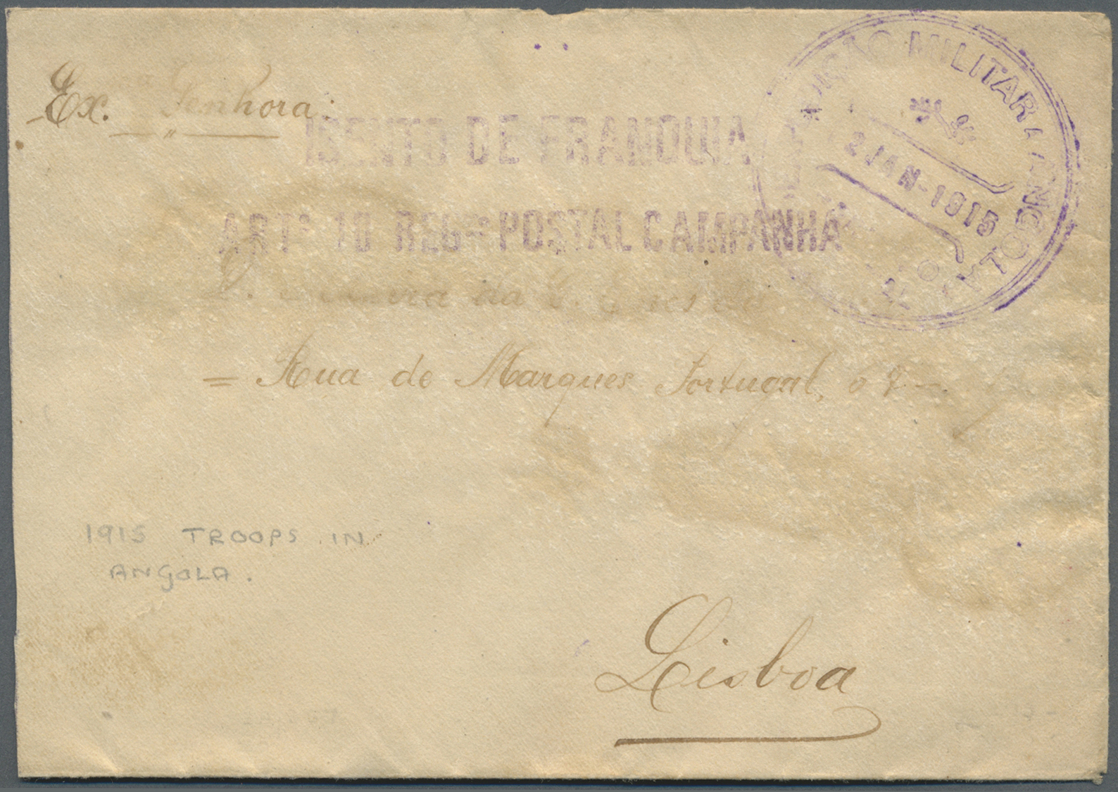 Br Angola: 1915 (2.1.), Stampless Cover With Violet Double-line '...ISENTO DE FRANQUIA / ART. 10 REG, POSTAL CAMPANHA' A - Angola