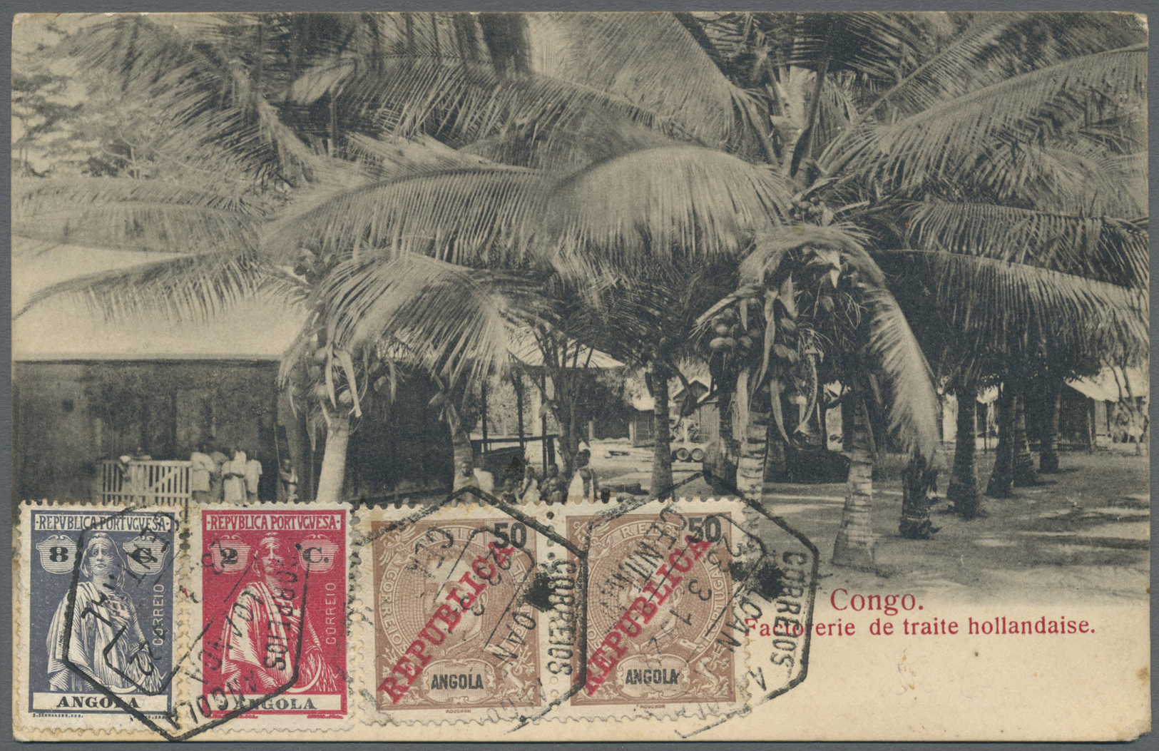 Br Angola: 1922. Picture Post Card Of 'Dutch Factory, Congo' Bearing Angola Yvert 94, 50r Brown (pair), Yvert 146, 2c Ca - Angola