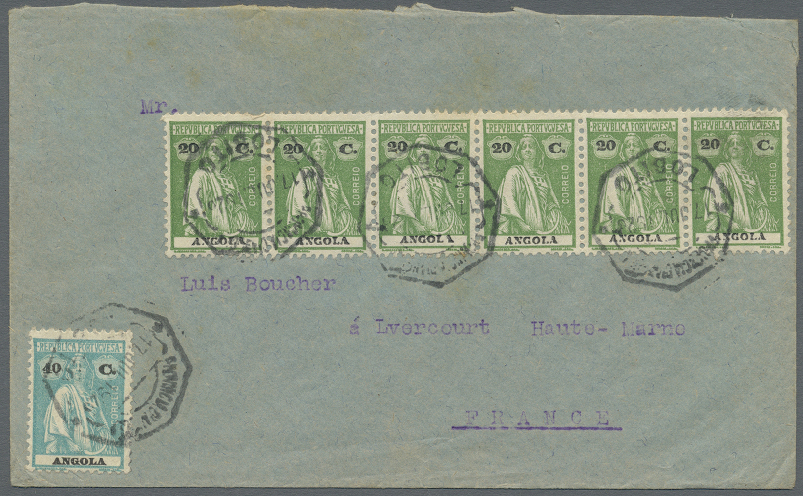 Br Angola: 1925. Envelope Addressed To France Bearing Angola Yvert 153, 20c Yellow-green (strip Of Six) And Yvert 216, 4 - Angola