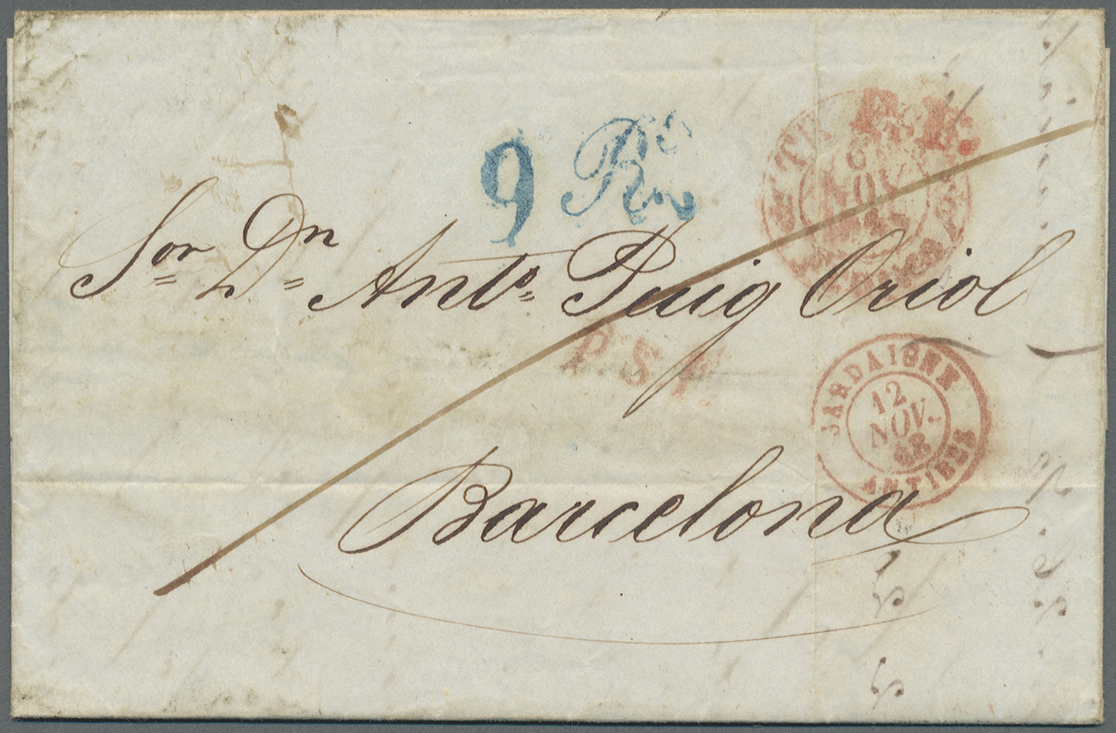 Br Italien - Vorphilatelie: 1848, Brief Von Trieste Nach Barcelona U.a. Mit Rotem L1 "P.F" (Post Frontiere) Und R - 1. ...-1850 Prephilately