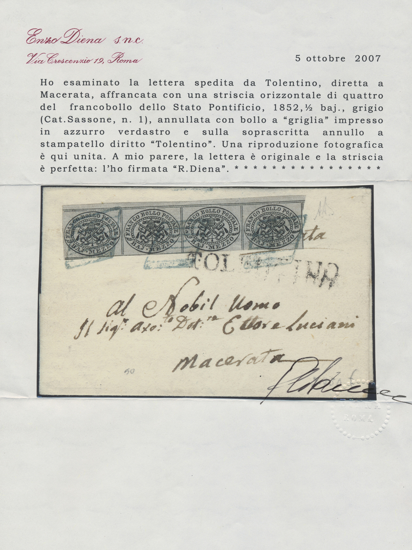 Br Italien - Altitalienische Staaten: Kirchenstaat: 1852, 1/2 Baj. Black On Grey Horizontal Strip Of Four On Fold - Etats Pontificaux