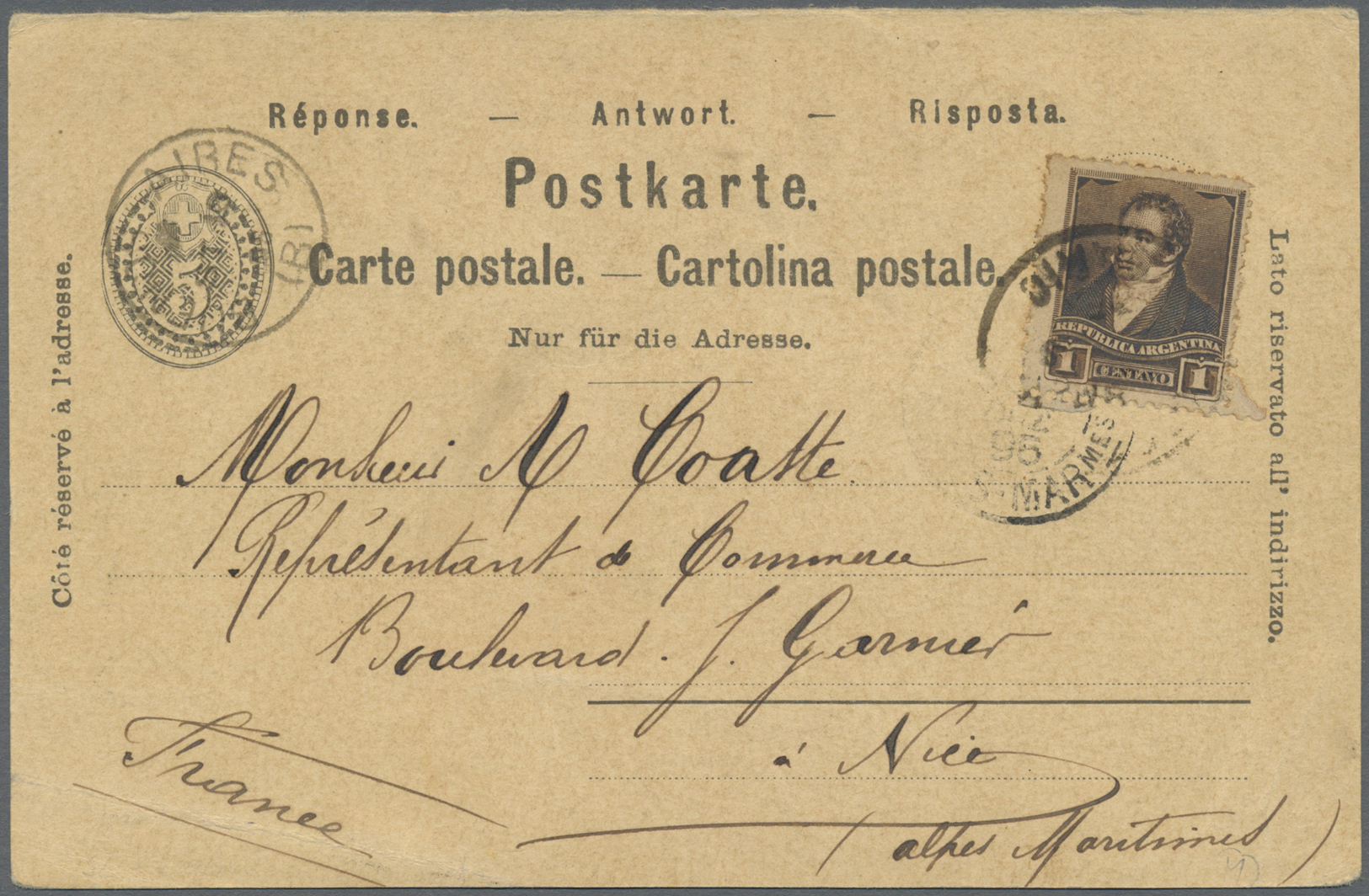 GA Argentinien: 1895, 1 C Brown Used As Additional Franking To Complete The UPU Postcard Rate On Switzerland 5 C Numeral - Other & Unclassified