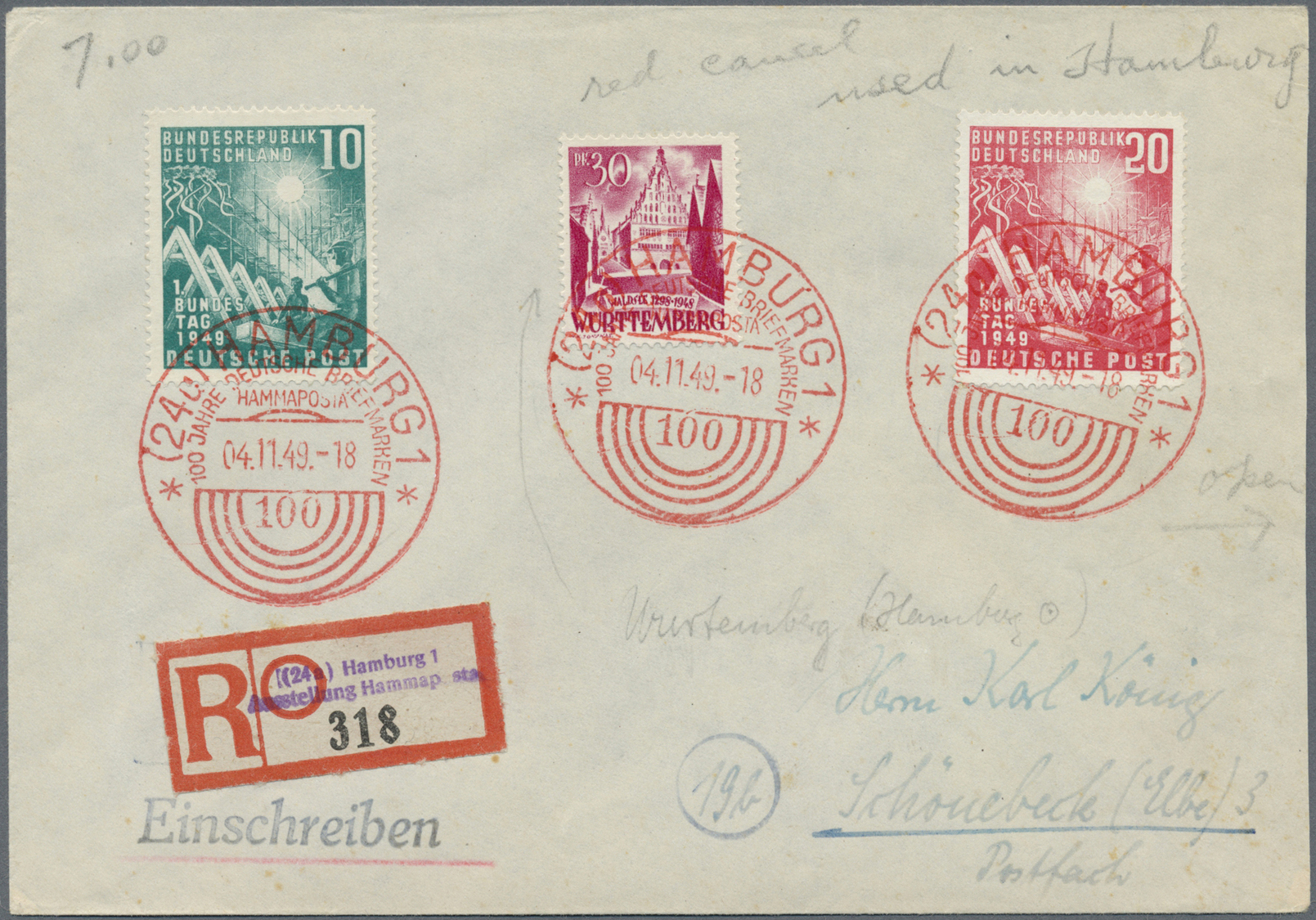 Br Bundesrepublik Deutschland: 1949, Einschreiben Mit 10 Und 20 Pfg. Bundestag Und 30 Pfg. Württemberg - Autres & Non Classés