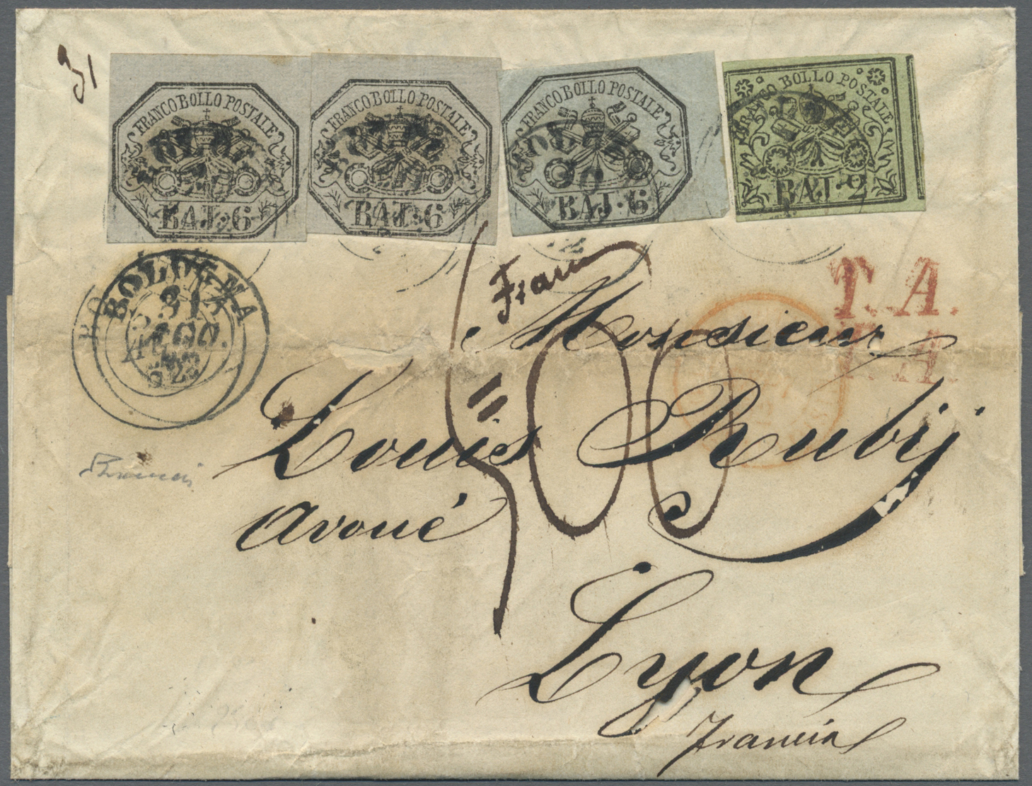 Br Italien - Altitalienische Staaten: Kirchenstaat: 1852, 6 Baj. GRIGIO Two Singles (Sassone 7a) In RARE COMBINAT - Papal States