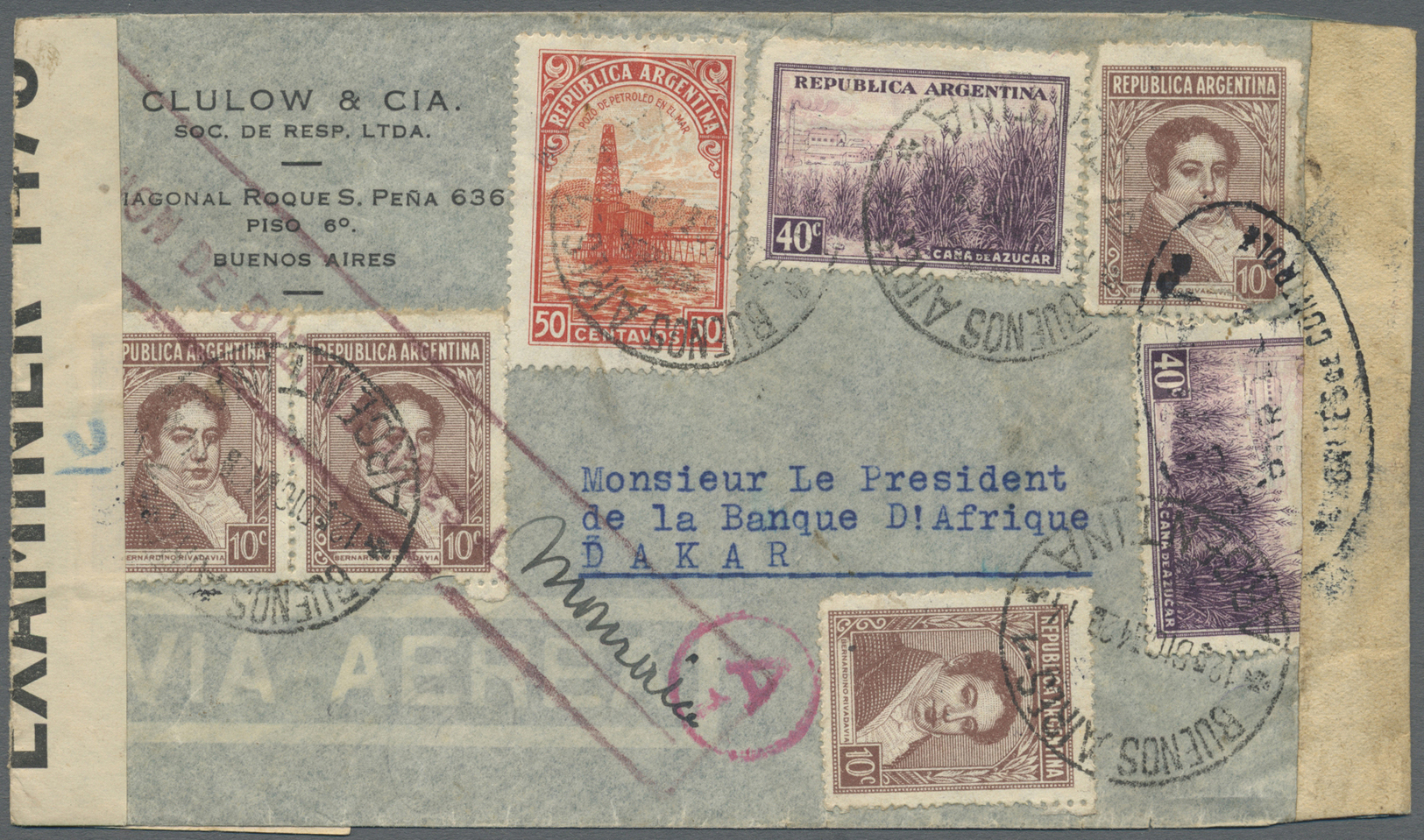 Br Argentinien: 1941. Air Mail Envelope (10 C. Faults) Addressed To Dakar, Senegal Bearing Argentina Yvert 378, 40c Viol - Altri & Non Classificati