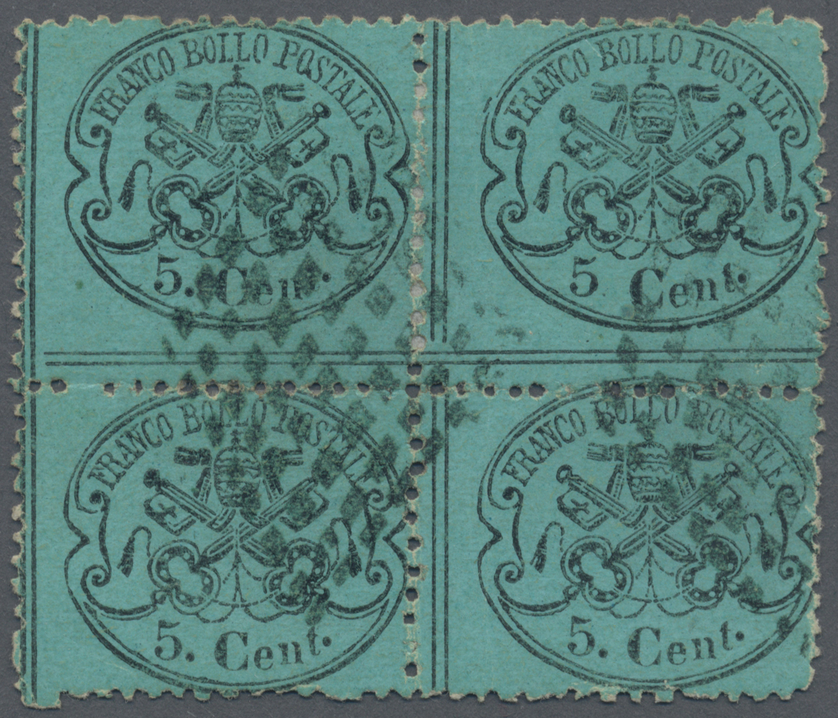 O Italien - Altitalienische Staaten: Kirchenstaat: 1868, 5c. Black On Greenish Blue, BLOCK OF FOUR, Fresh Colour - Papal States
