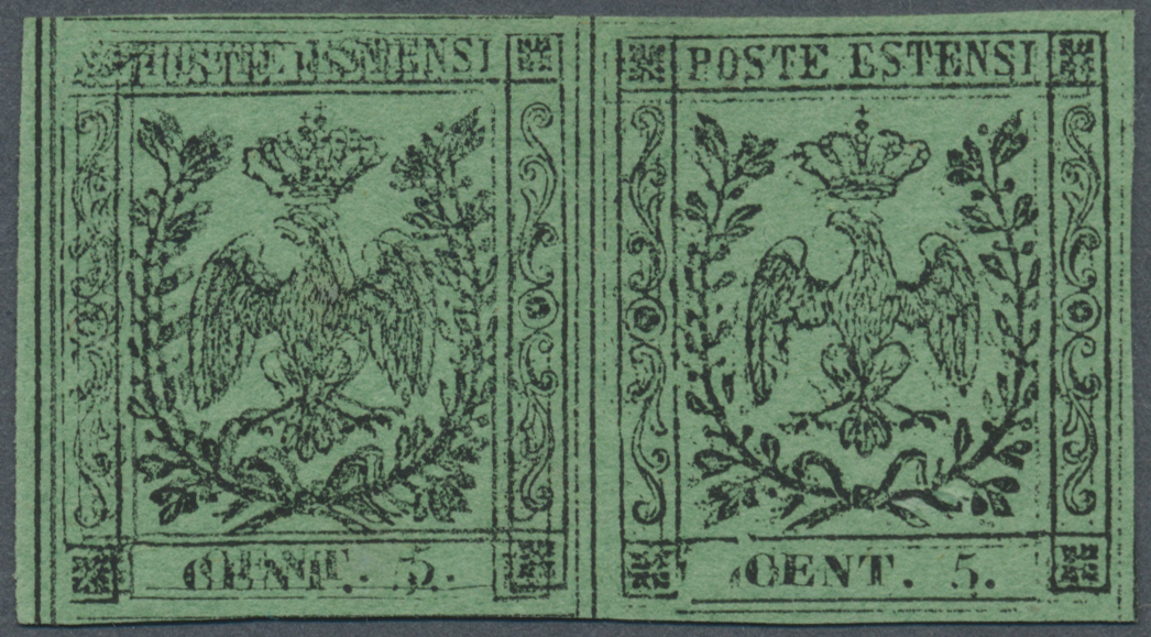 (*) Italien - Altitalienische Staaten: Modena: 1852, 5c. Black On Green, Horiz. Pair, Left Stamp Showing Variety " - Modène