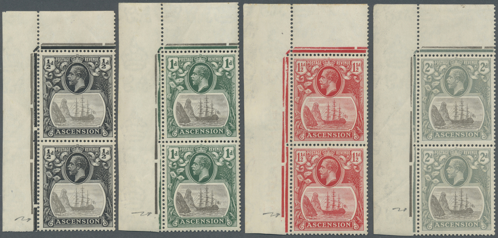 ** Ascension: 1924, KGV Definitives "Badge Of St.Helena", ½d., 1d., 1½d. And 2d., Each As Vertical Pair From The Upper L - Ascension (Ile De L')