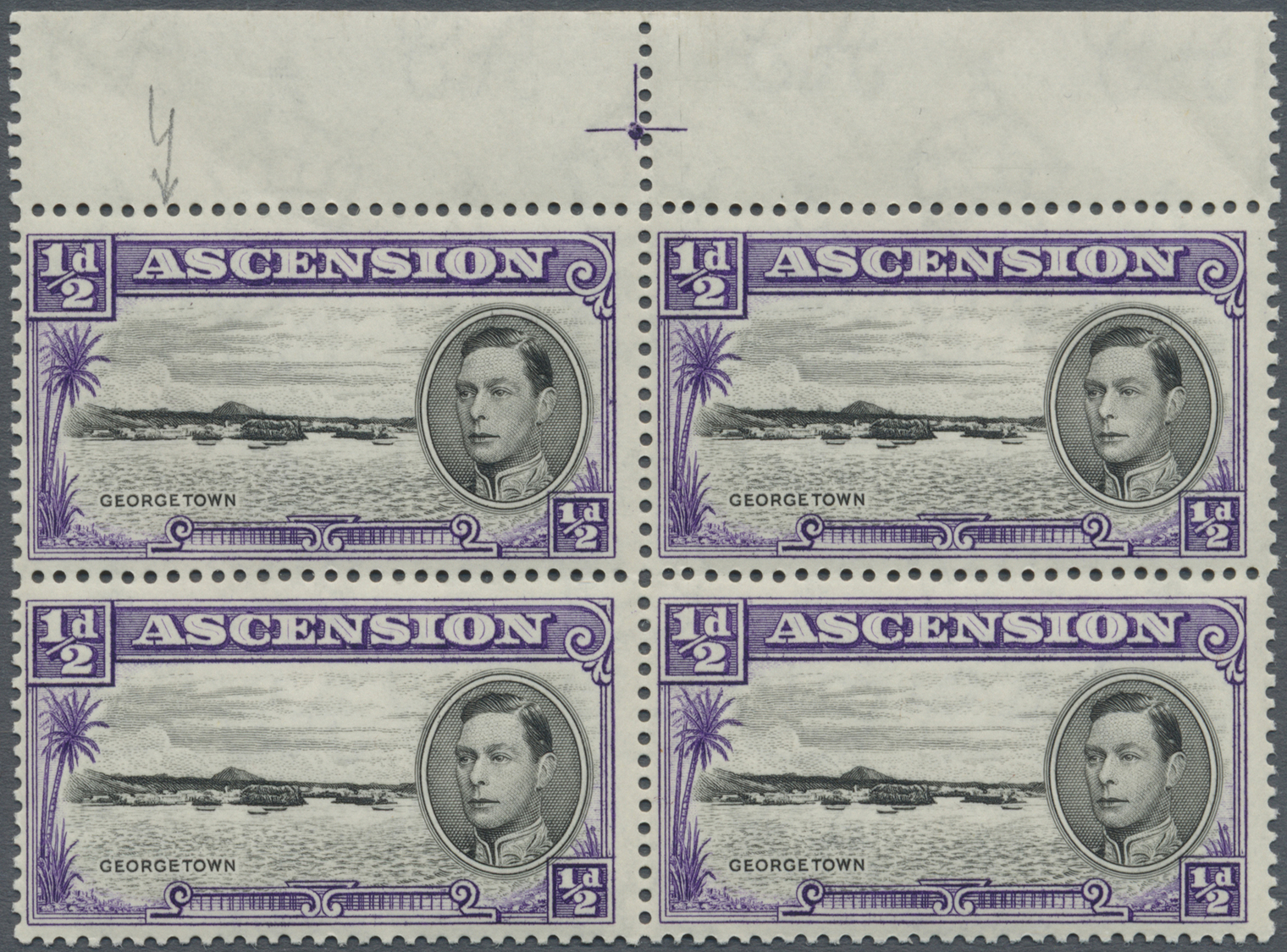 ** Ascension: 1938, ½d. Black And Violet, Perf. 13½, Top Marginal Block Of Four, Lower Left Stamp Showing Variety "Long  - Ascension