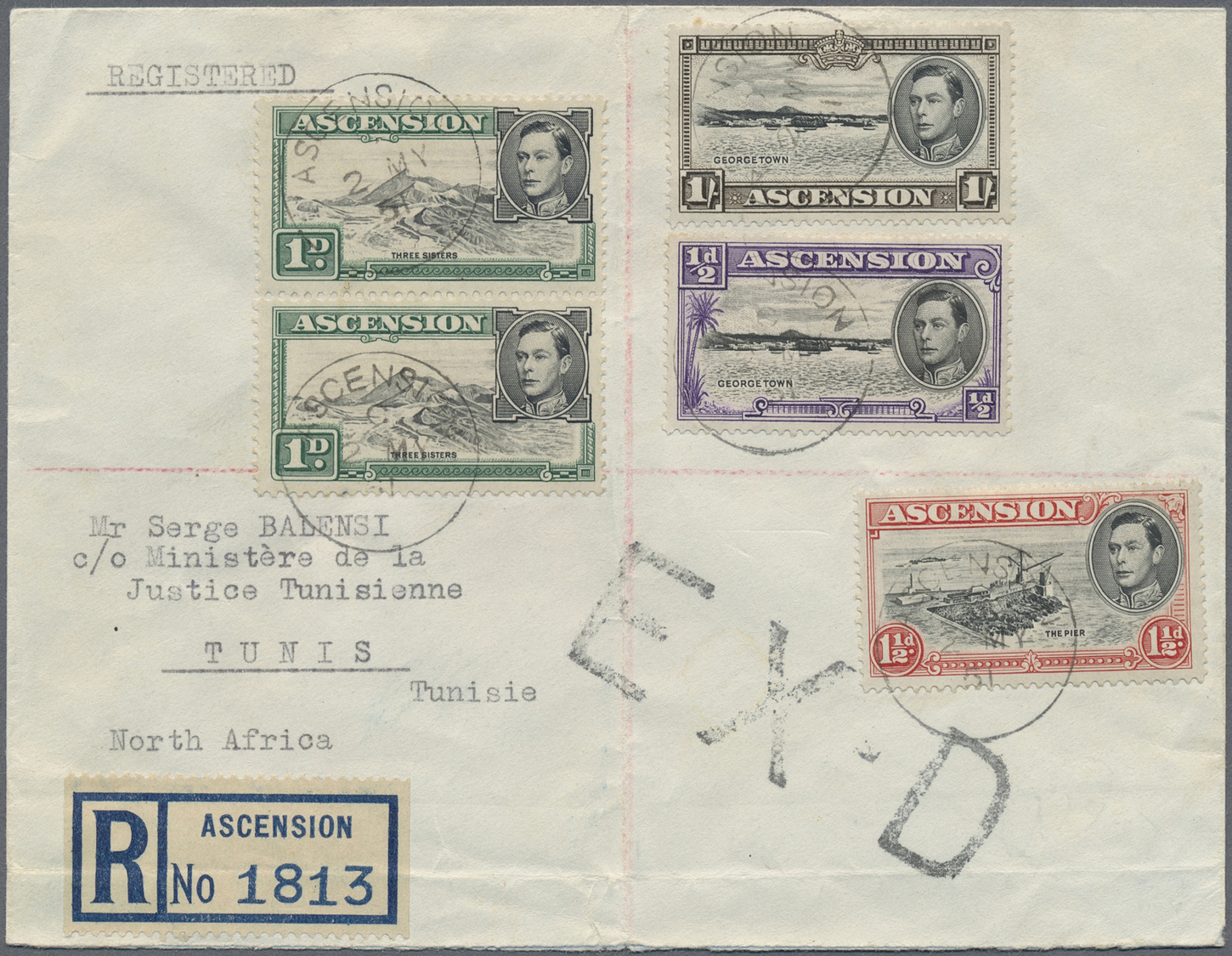 Br Ascension: 1951. Registered Envelope Addressed To Tunis, North Africa Bearing SG 38, ½d Black And Violet, SG 39, 1d B - Ascension