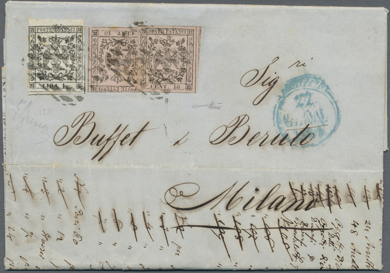 Br Italien - Altitalienische Staaten: Modena: 1857, Entire Letter Bearing  1 Lira Black On White And 2x 10 Cent B - Modène