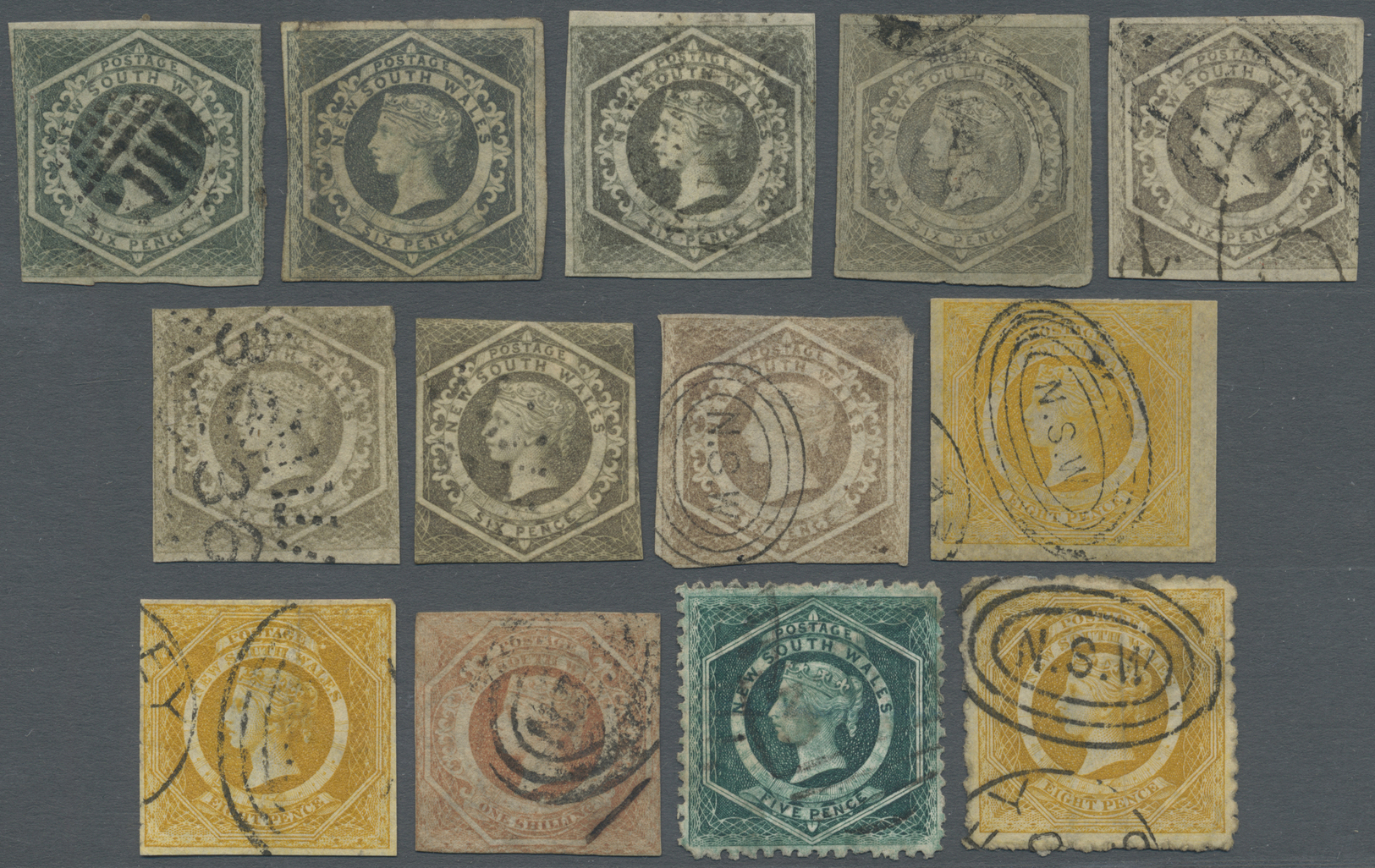 O Neusüdwales: 1854-1885: Group Of 13 Used Stamps, With Eight 6d. Imperf (various Shades), Two Imperf 8d. (one Of Doubtf - Covers & Documents