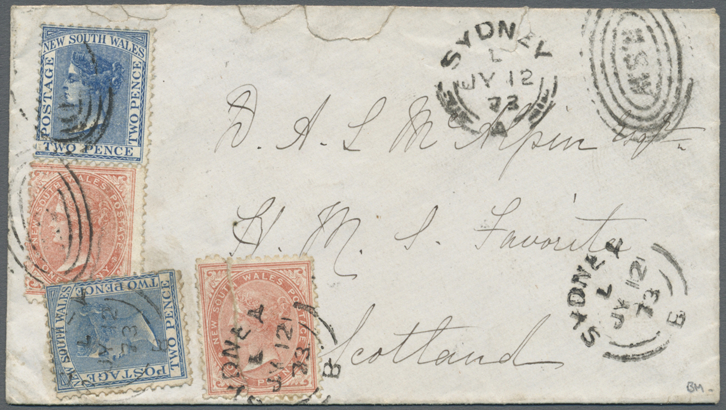 Br Neusüdwales: 1873/1885, Two Stamps One Penny Red (one Item With Crack Through The Stamp) Mixed Franking With Two Penc - Covers & Documents
