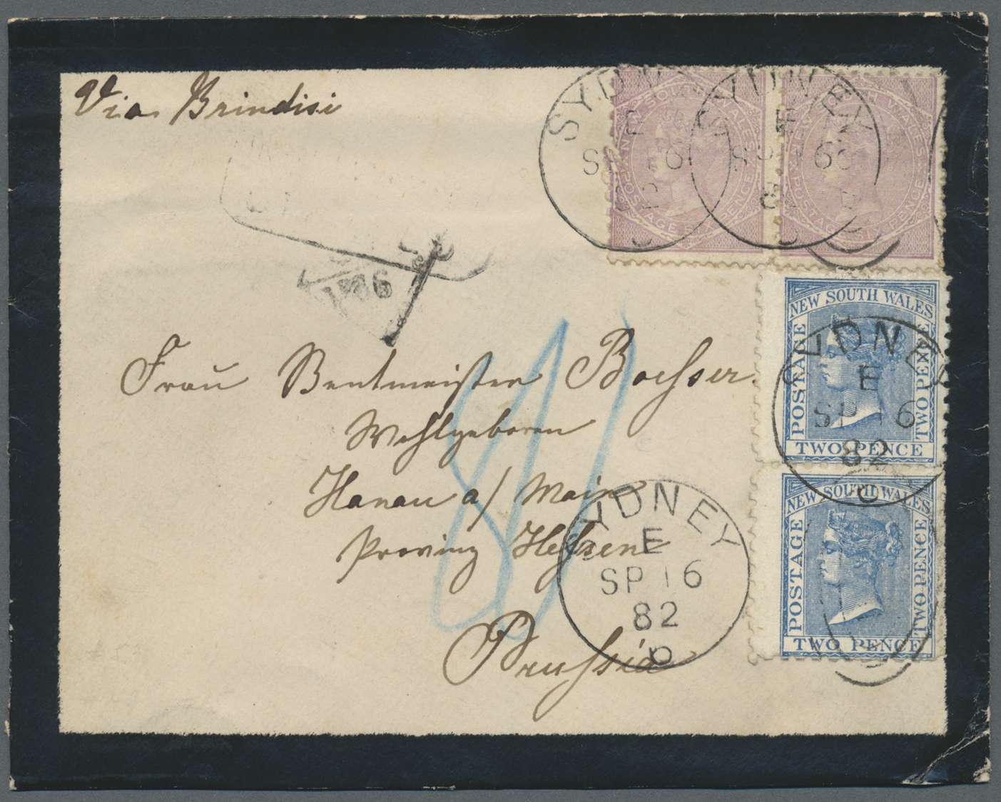 Br/GA Neusüdwales: 1882/1909, Three UNDERPAID Items Incl. Mourning Cover From Sydney (16.9.82) Via Brindisi To Prussia T - Lettres & Documents