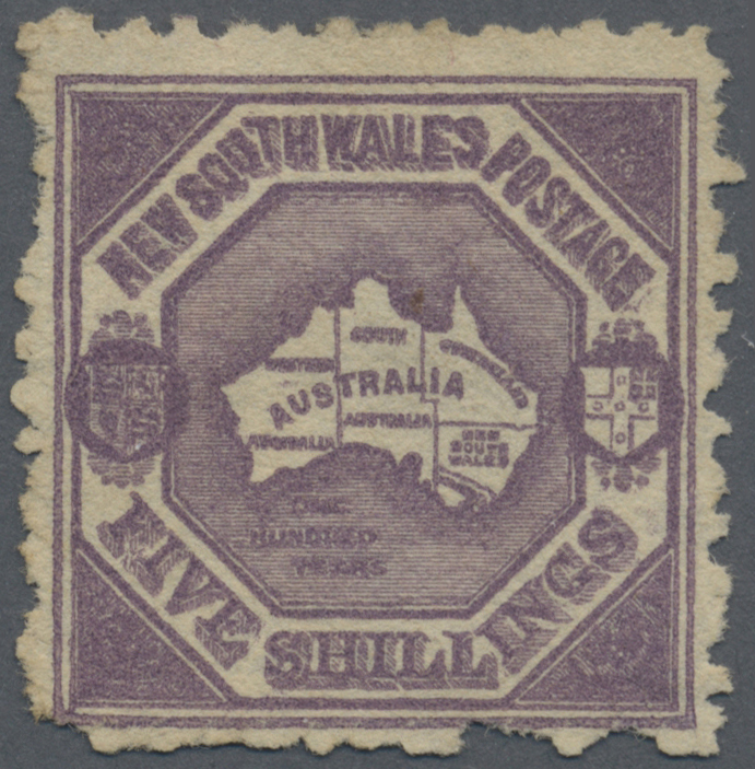 (*) Neusüdwales: 1889, Map Of Australia 5s. Deep Violet Unused Without Gum, Signed And Raybaudi Certificate (1984), SG.  - Covers & Documents