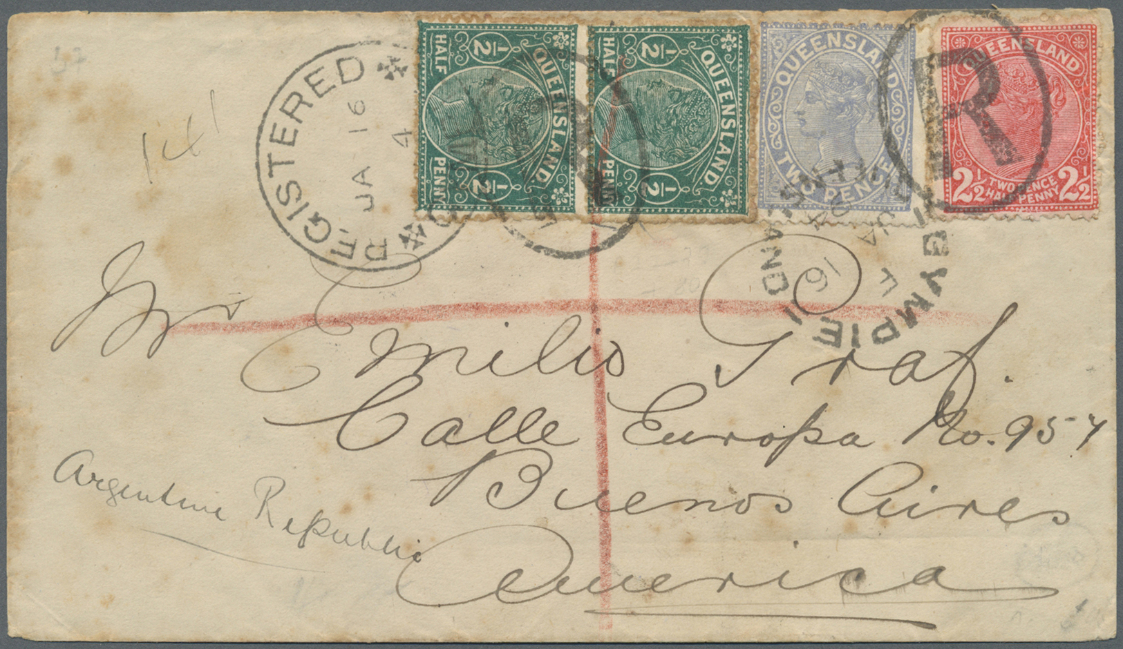 Br Queensland: 1894. Registered Envelope (stains) To Argentina Bearing SG 189, 2d Pale Blue, SG 208, ½d Green (2) And SG - Covers & Documents