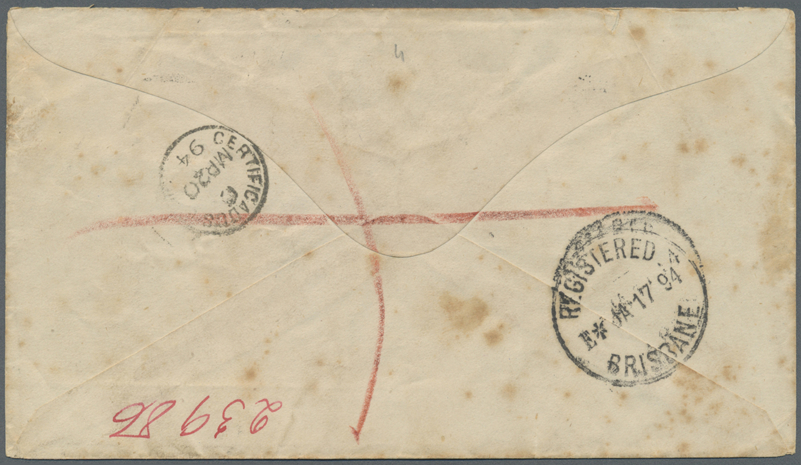 Br Queensland: 1894. Registered Envelope (stains) To Argentina Bearing SG 189, 2d Pale Blue, SG 208, ½d Green (2) And SG - Covers & Documents