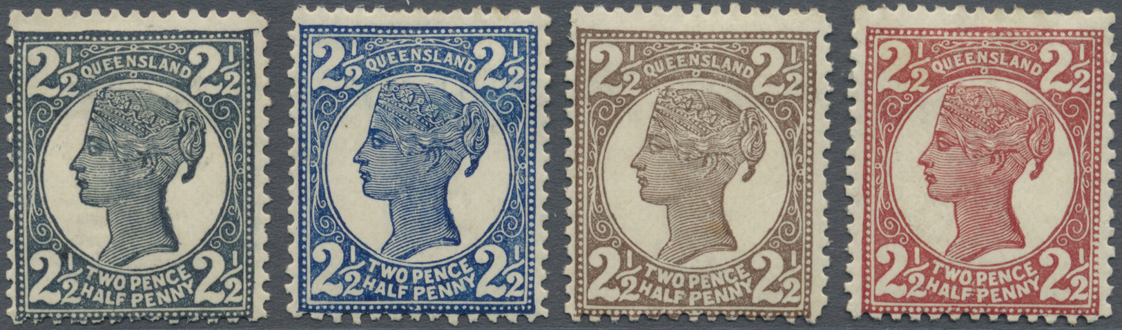 * Queensland: 1898 (ca.), QV 2½d With Figures In All Corners In Four Different COLOUR PROOFS In Greyish-green, Dark Blue - Lettres & Documents
