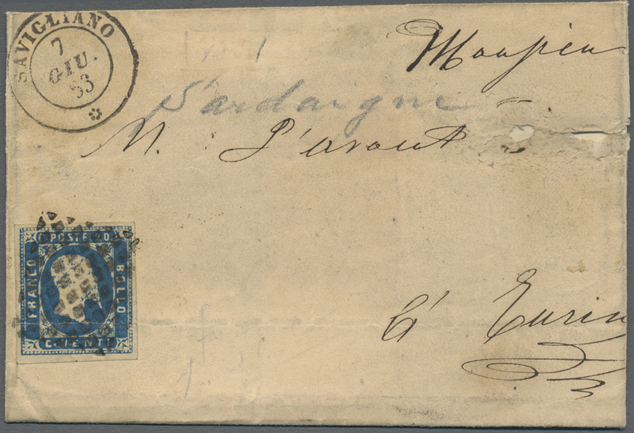 Br Italien - Altitalienische Staaten: Sardinien: 1851 KVEII. 20c Blue, Used On Folded Cover 1853 From Savigliano - Sardinia