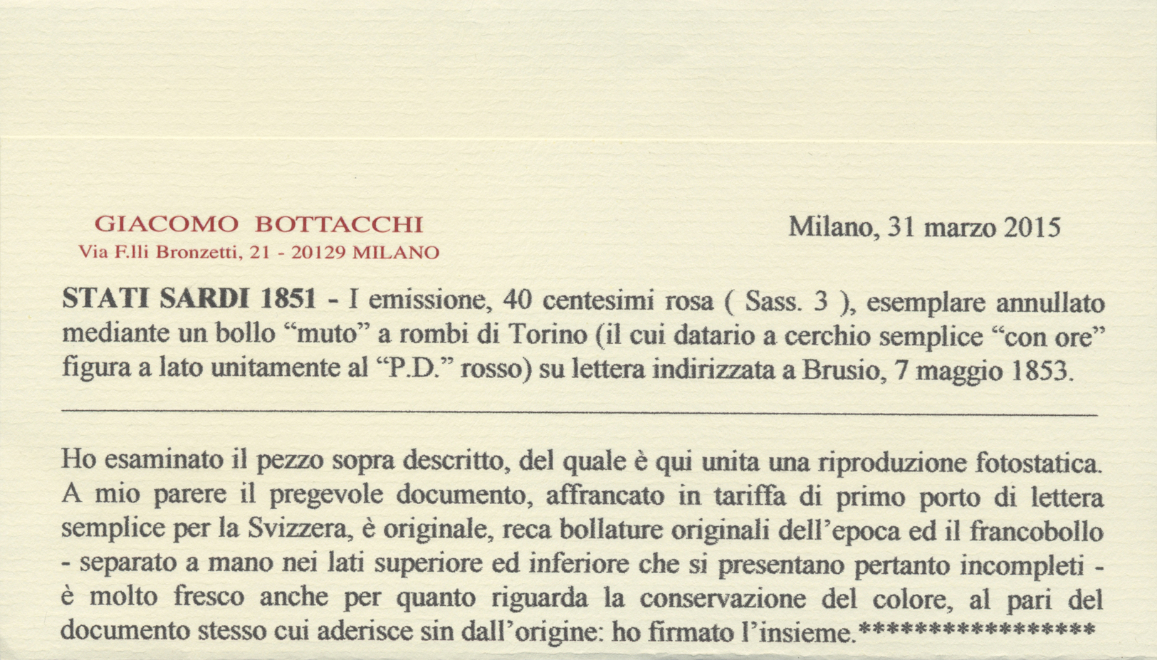 Br Italien - Altitalienische Staaten: Sardinien: 1851, 40c. Rose, Fresh Colour, Irregularly Separated By Hand (re - Sardinia