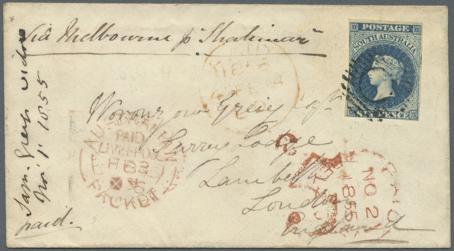 Br Südaustralien: 1855 (2.11.), QV 6d. Deep Blue Imperforate With Good Margins At Top And Right (cut Into On Other Sides - Covers & Documents