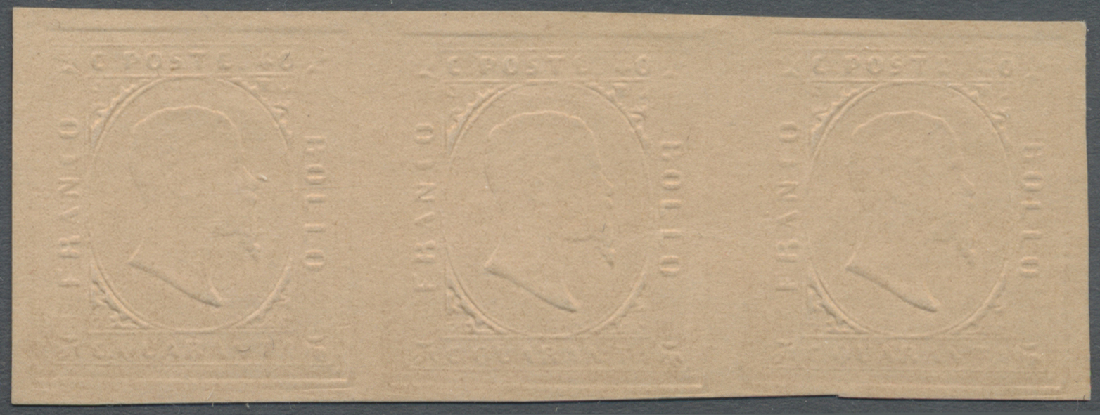 (*) Italien - Altitalienische Staaten: Sardinien: 1853: 40 Centes Embossed Portrait On Rosa Paper, Strip Of Three, - Sardinia