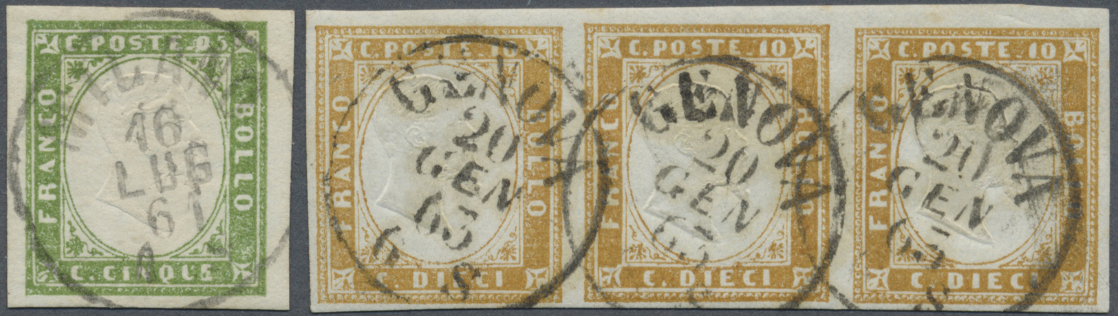 O Italien - Altitalienische Staaten: Sardinien: 1855, Viktor Emanuael II., 5 C. Olivgrün, Breitrandig Mit K1 MIL - Sardinia
