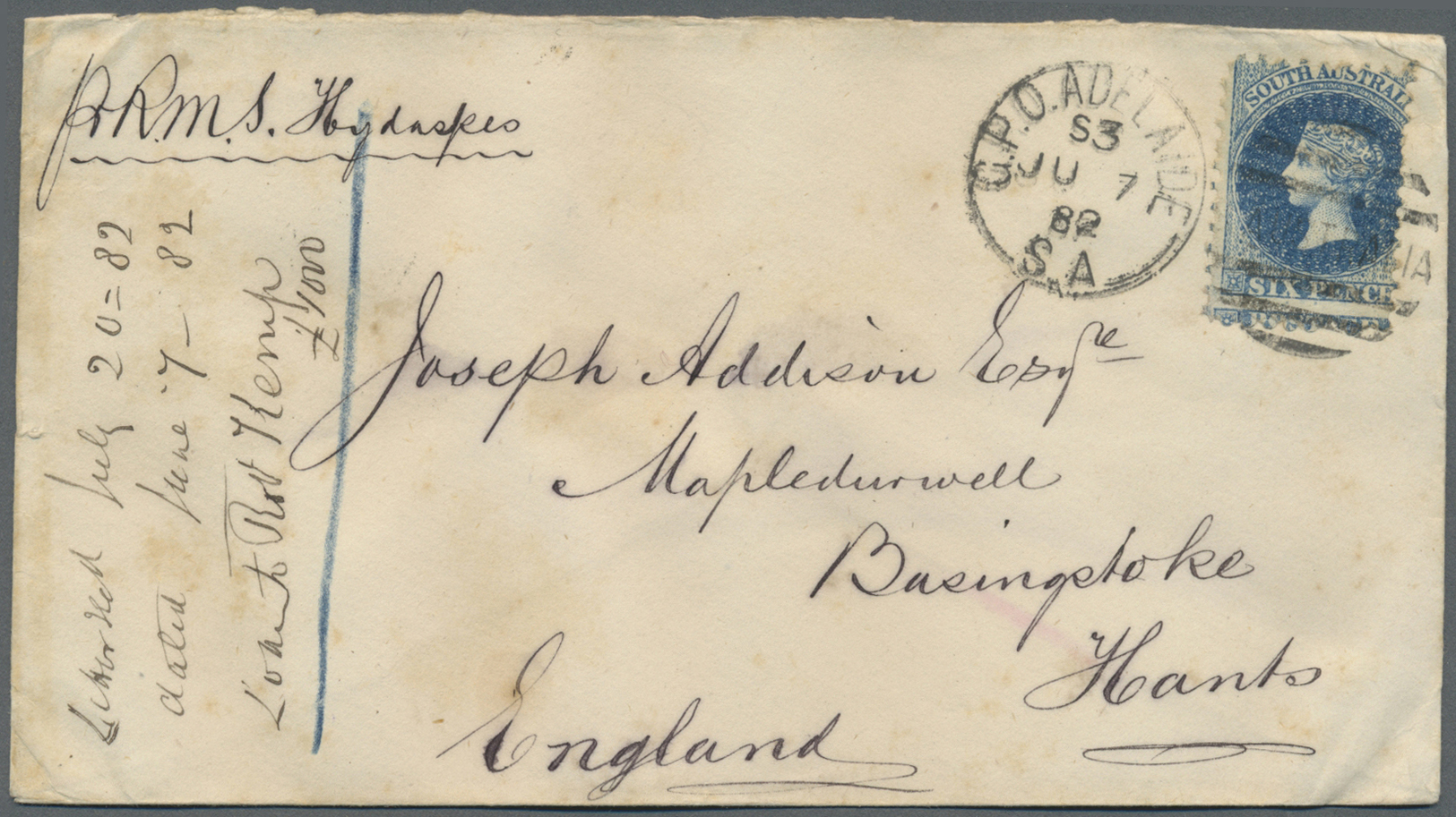 Br Südaustralien: 1882 (7.6.), QV 6d. Bright Blue Perf. 10 With Attractive Misperforation Used On Cover With Duplex 'G.P - Lettres & Documents