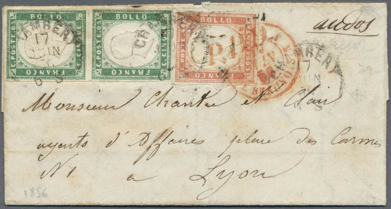 Br Italien - Altitalienische Staaten: Sardinien: 1856, 40c. Red And Two 5c. Blueish Green On Folded Envelope Tied - Sardaigne