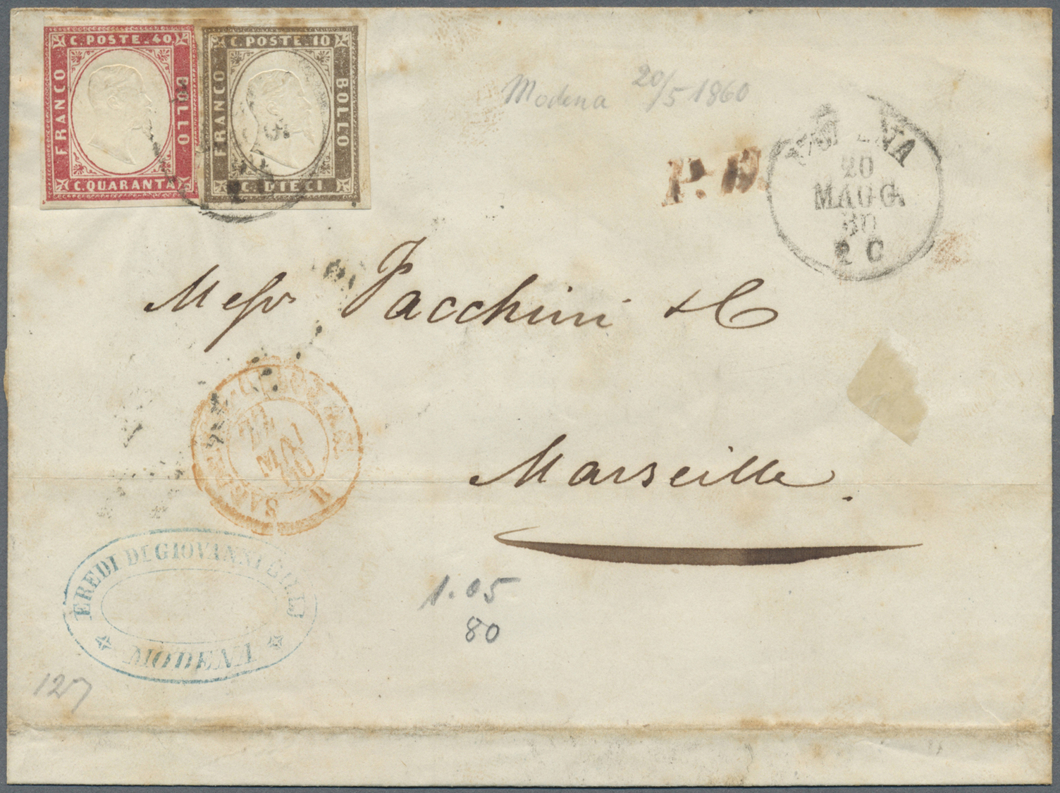 Br Italien - Altitalienische Staaten: Sardinien: 1860, 40c. Carmine And 10c. Brown On Folded Envelope Tied By Cle - Sardinien