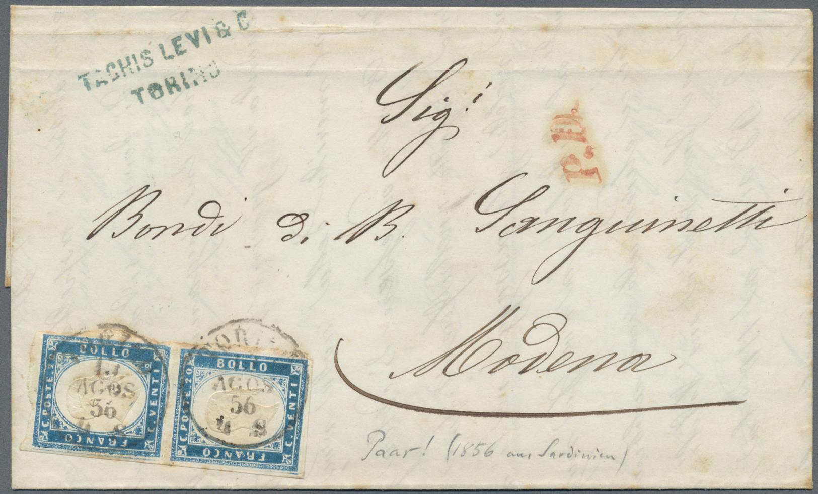 Br Italien - Altitalienische Staaten: Sardinien: 1856, Two 20c. Blue On Folded Envelope Tied By Clear "TORINO 17/ - Sardinien