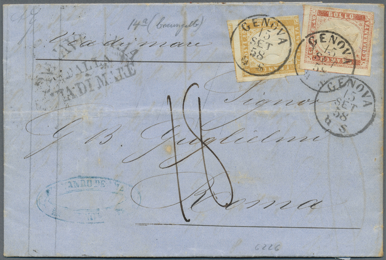 Br Italien - Altitalienische Staaten: Sardinien: 1858, 40c. Red And 80c. Ochre On Folded Envelope Tied By Clear " - Sardinien