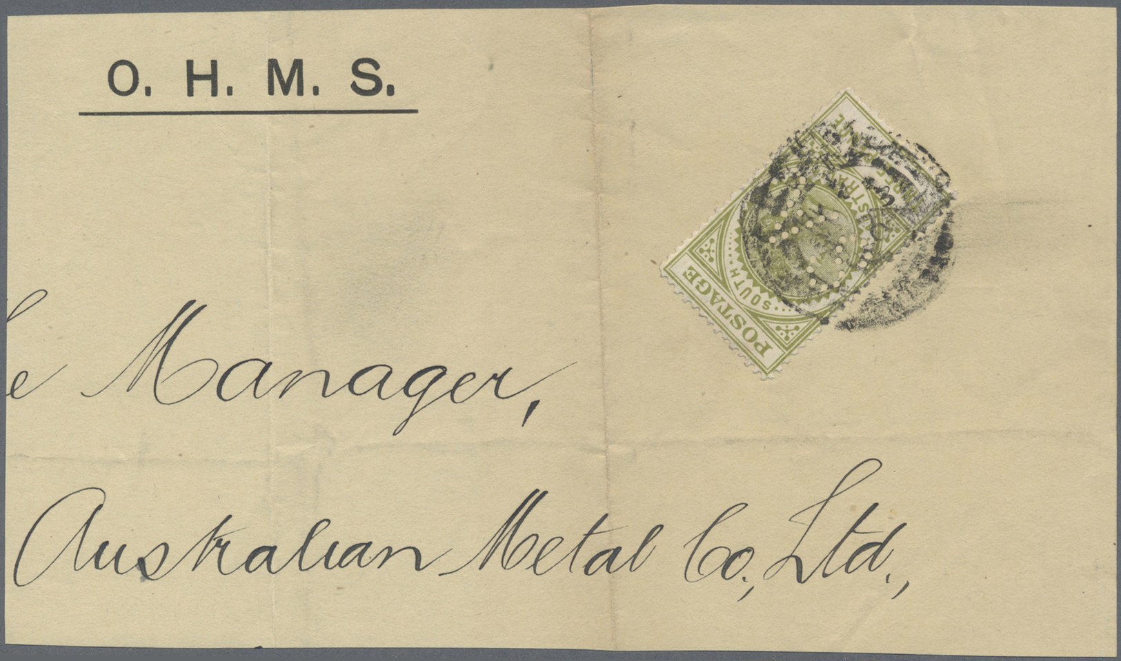 Brrst Südaustralien - Dienstmarken: 1908 (ca.), Large Part Of OHMS Cover Front Bearing 'Long Tom' 3d. Olive-green Perf.  - Covers & Documents