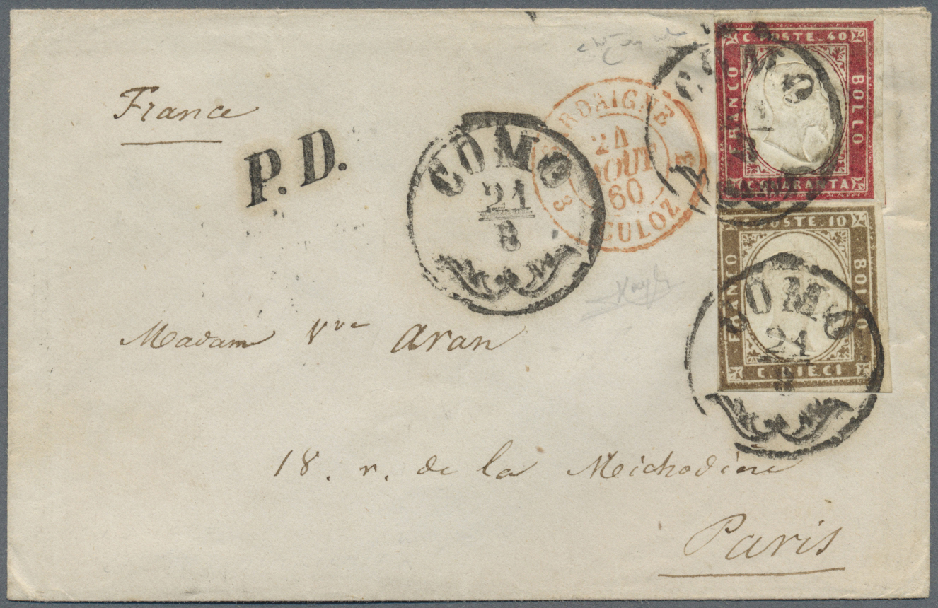 Br Italien - Altitalienische Staaten: Sardinien: 1860, 40c. Carmine Lilac (carminio Lillaceo) And 10c. Yellowish - Sardaigne