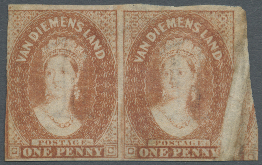 (*)/ Tasmanien: 1857-67 1d. Brick-red, Wmk Double-lined Numeral "1", Horizontal Pair Showing A Spectacular Paperfold (2½ - Covers & Documents