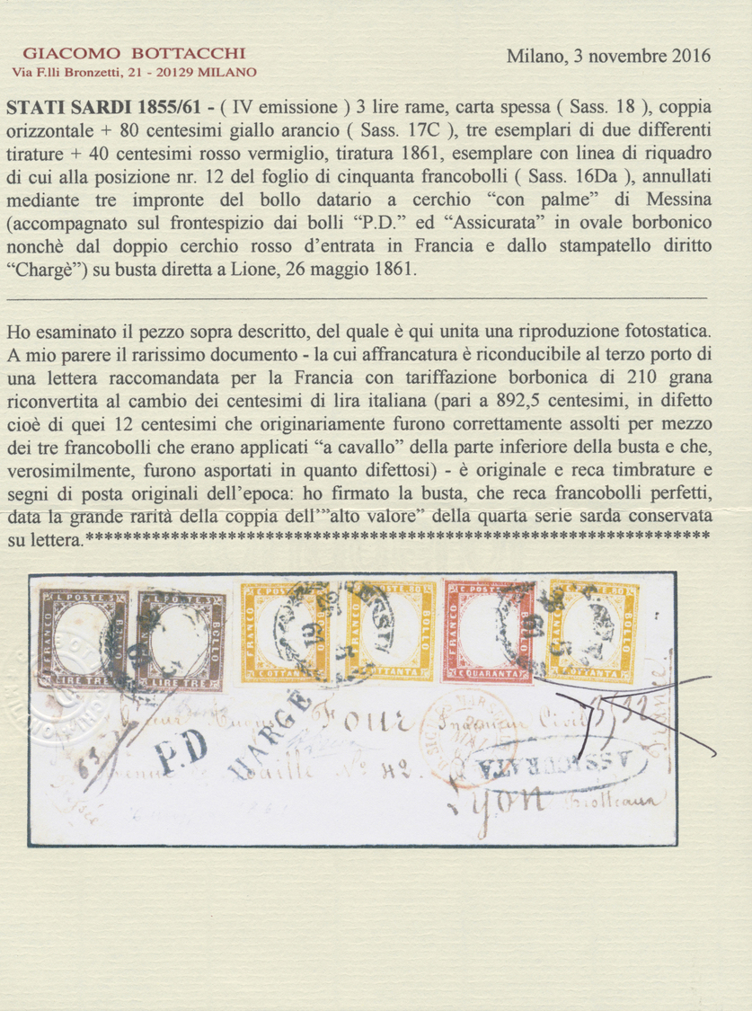 Br Italien - Altitalienische Staaten: Sardinien: 1861: Sardinia IVth Issue: 3 L Dark Copper Horizontal Pair With - Sardinia