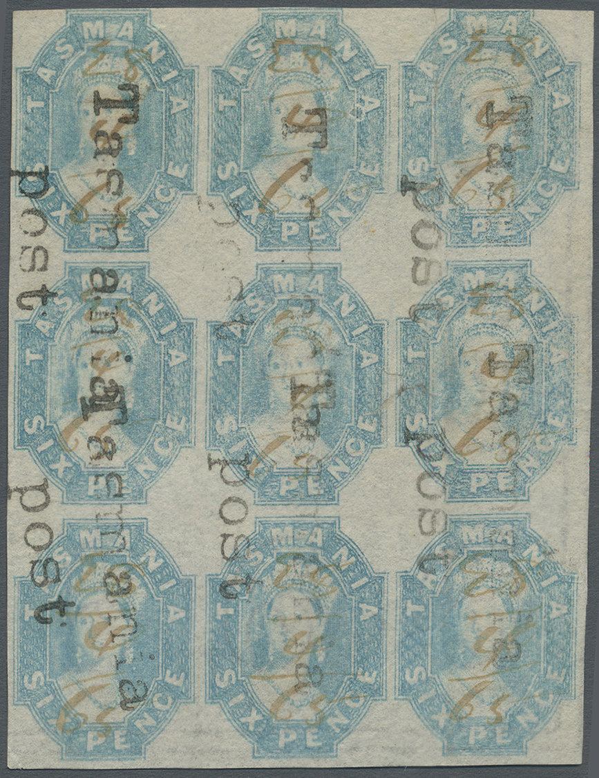 O Tasmanien: 1865, 6d. Dull Cobalt, Block Of Nine (some Faults), Each Stamp Oblit. In Ms. "28/4/65", Faded Colour Affect - Covers & Documents