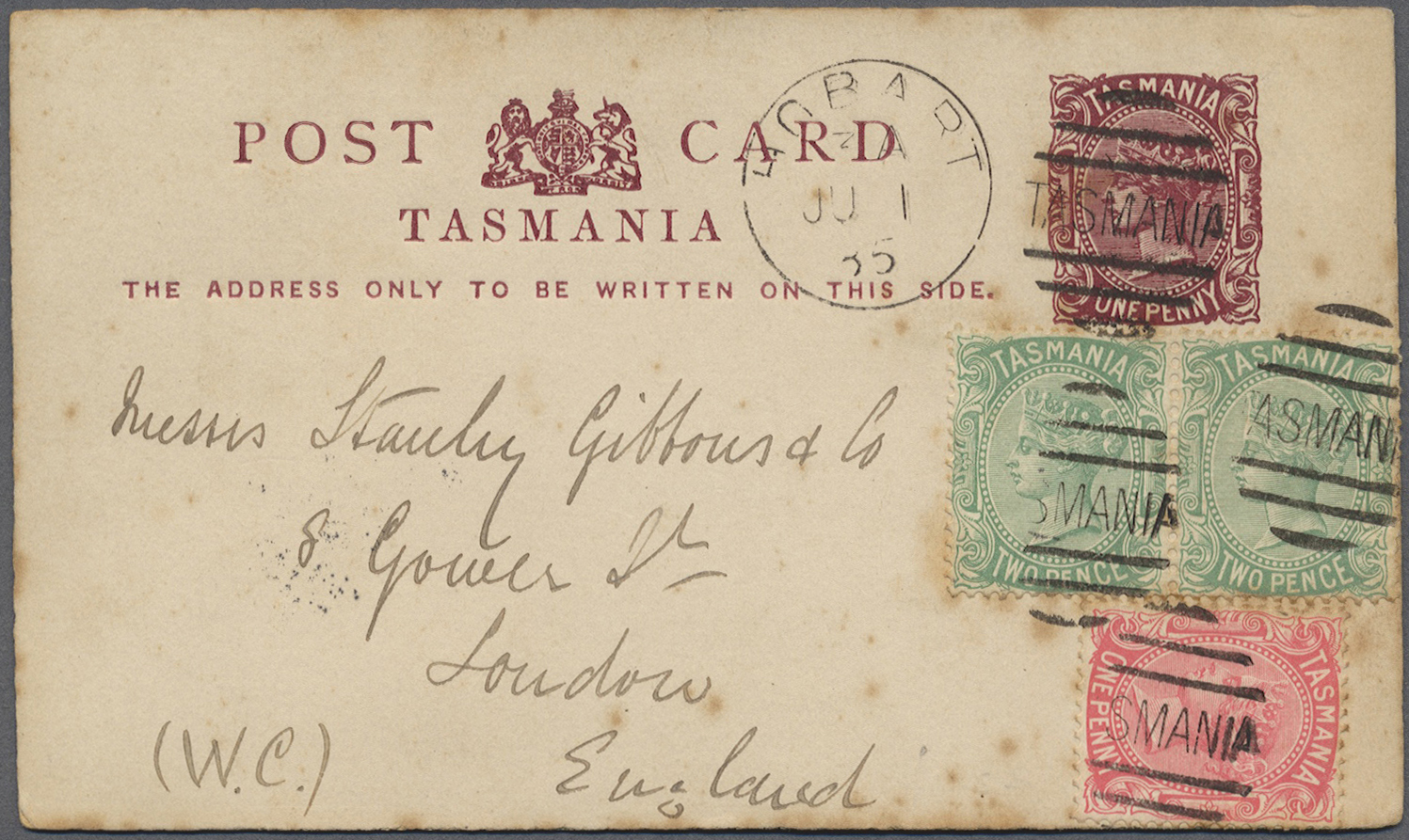 GA Tasmanien: 1885. Postal Stationery Card 1d Purple (small Stains) Upgraded With SG 144, 1d Rose And SG 145, 2d Green ( - Covers & Documents