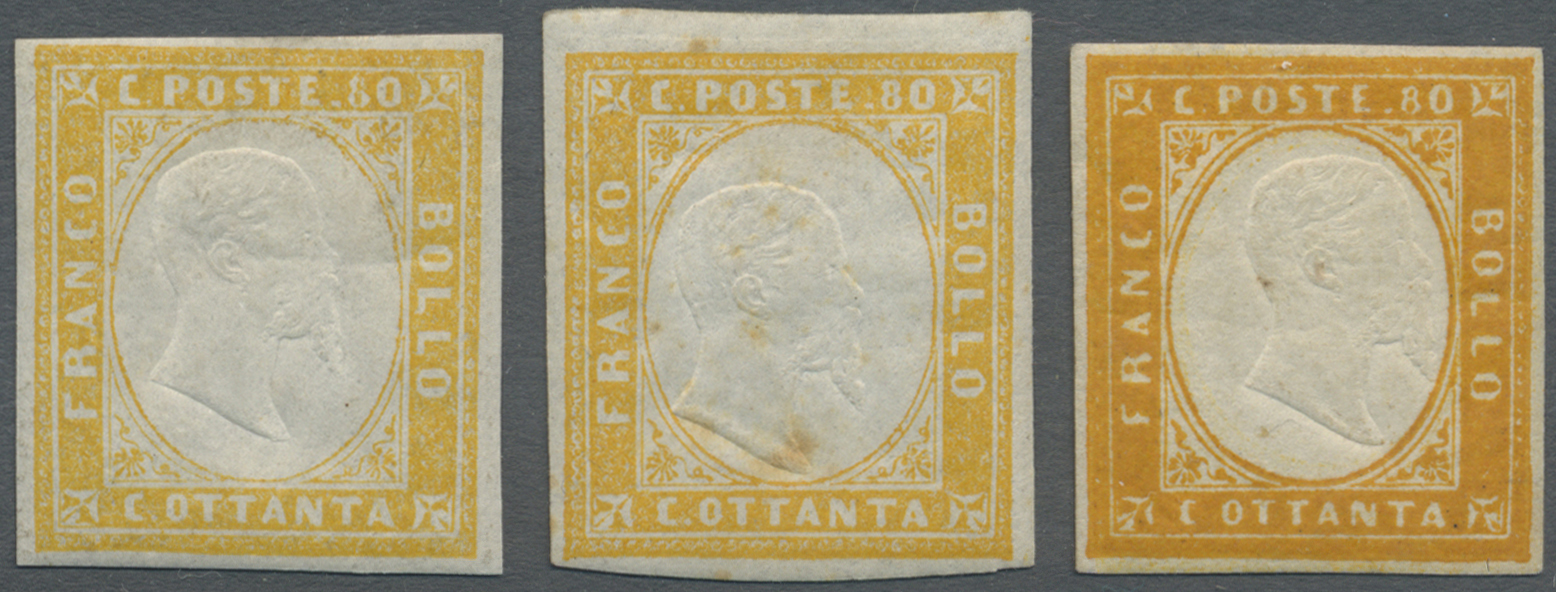 * Italien - Altitalienische Staaten: Sardinien: 1858/1862: Three Copies Of The 80 C Yellow In Different Colors. - Sardaigne