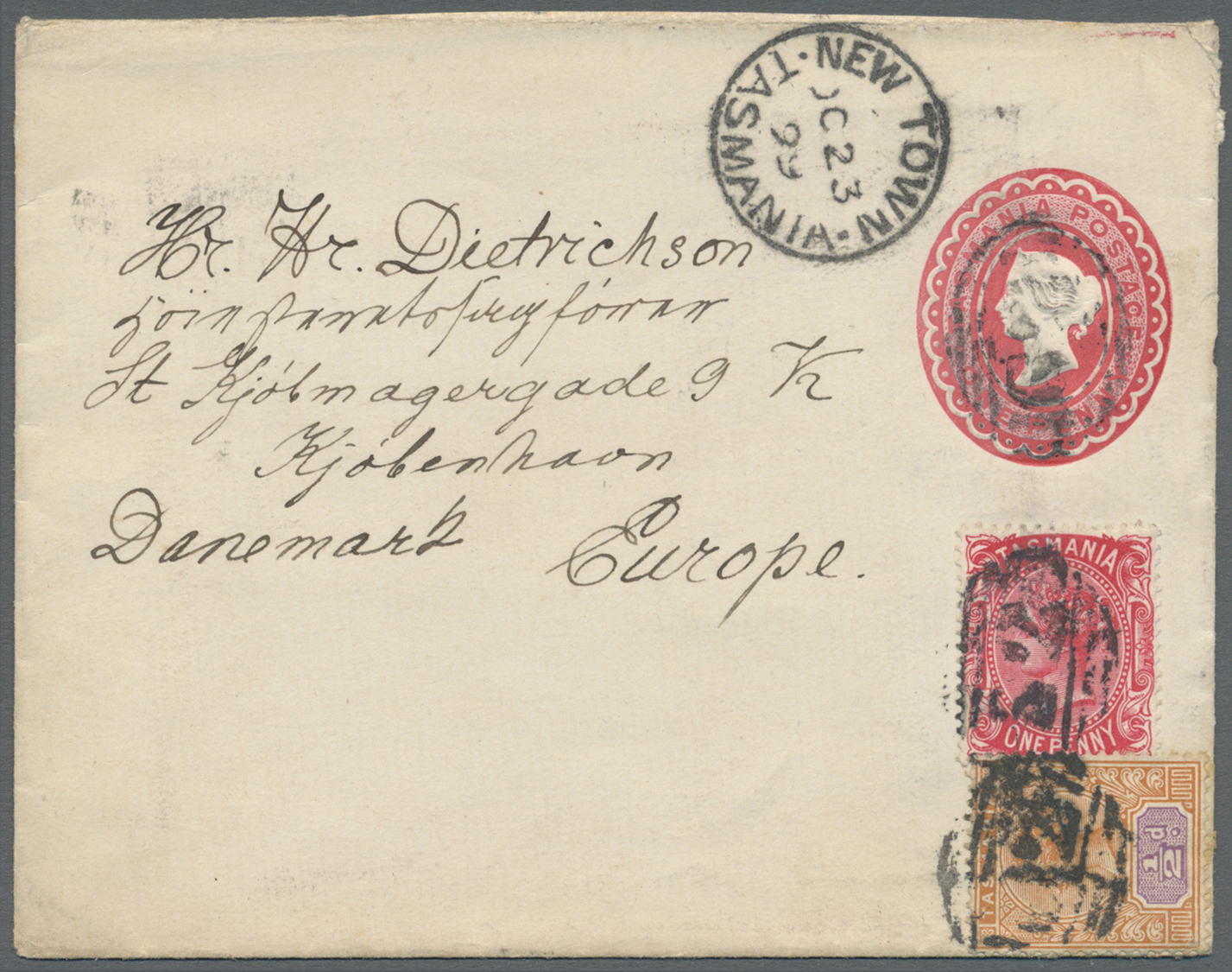 GA Tasmanien: 1899 (23.10.), Stat. Envelope QV 1d. Carmine Embossed Oval Uprated With QV 1d. Scarlet And ½d. Tablet Used - Covers & Documents