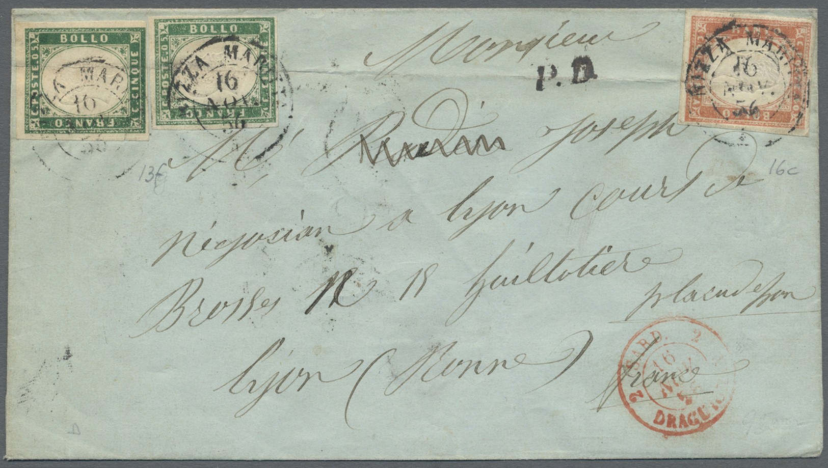 Br Italien - Altitalienische Staaten: Sardinien: 1855: Folded Letter To LYON. Franked With 40 C Vermiglion And Tw - Sardaigne